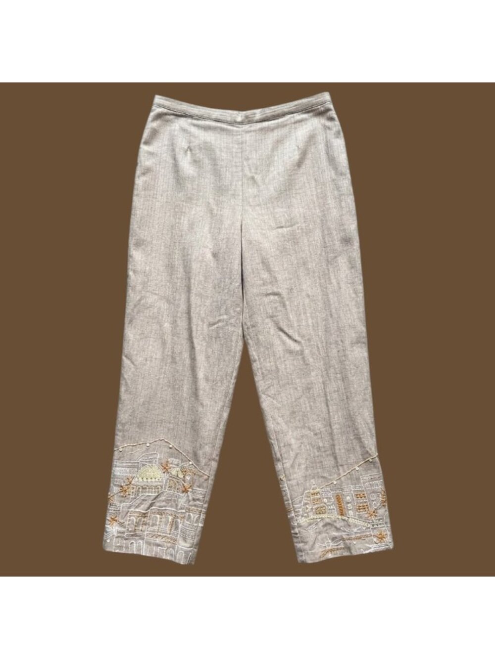 Vintage Embroidered Sequin Vacation Pants Size 8 Linen Like Fabric Summer
